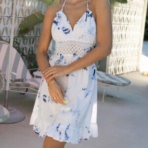 BLANCO Blue White Crochet Halter Tie Beachy Open Back Mini Dress